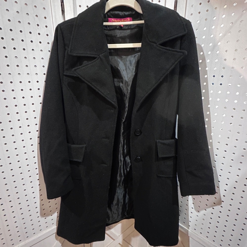 Jennyfer J Coat Women Size S‎ Black Excellent Wool Blend Button Front Pea Coat